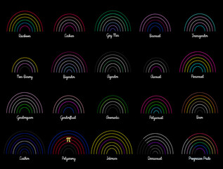 Image made by me of some pride flags represented in rainbows with very simple lines, slightly illuminated so that they have a neon touch. JPG black background