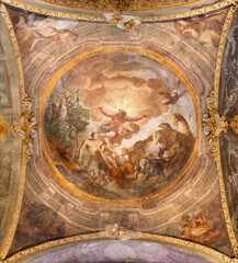 GENOVA, ITALY - MARCH 5, 2023: The fresco of  Creation of the Human in the side cupola of the...