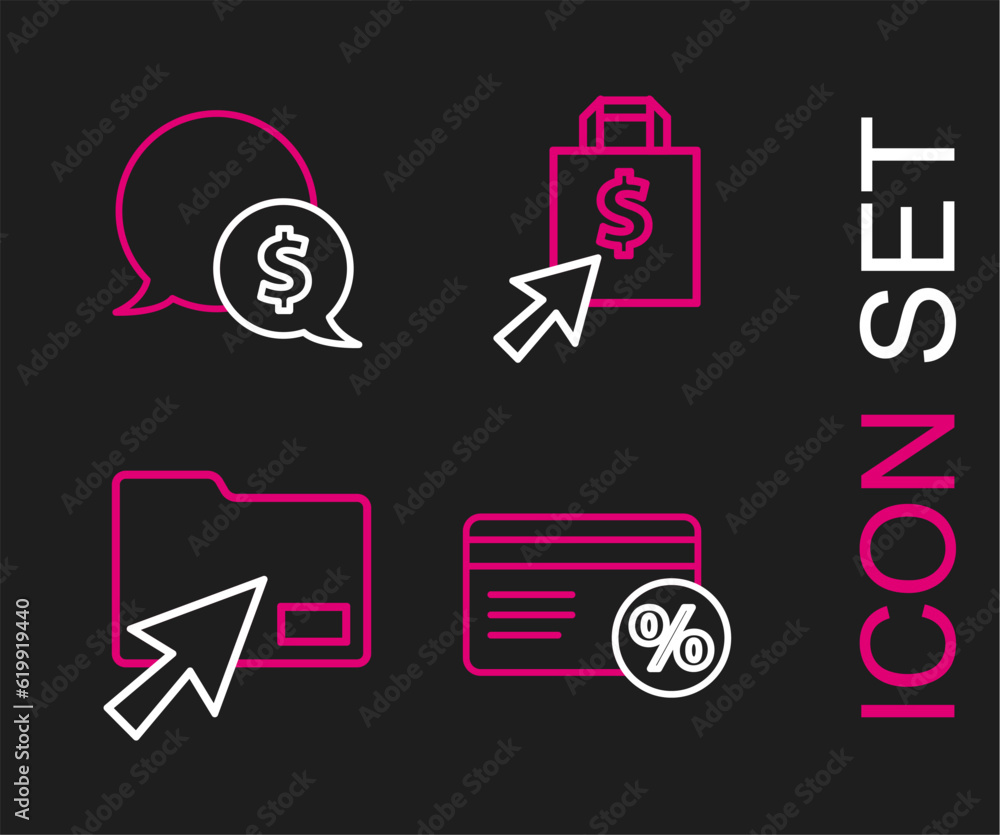 Poster set line discount card with percent, cursor click document folder, shoping bag and dollar and speech