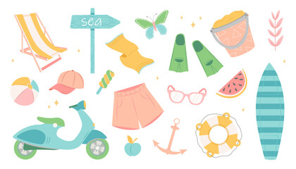 Naklejka premium Set of summer stickers. Icons for tropical vacation. Seasonal elements collection. ice cream, pineapple, tropic leaves, cocktails, watermelon, beach accessories. Vector collection of cute elements