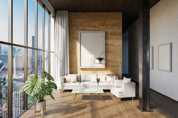 luxurious loft apartment with window; minimalistic interior living room design; 3D Illustration
