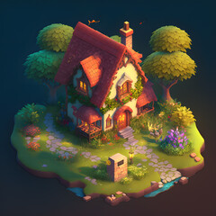 forest house. gaming location, spooky witch habitation, halloween nature landscape, magic houses