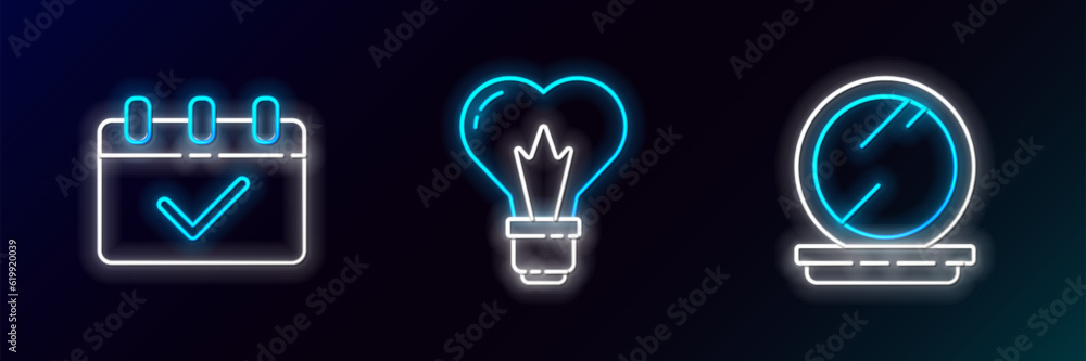 Poster set line makeup powder with mirror, calendar 8 march and heart shape in light bulb icon. glowing neo