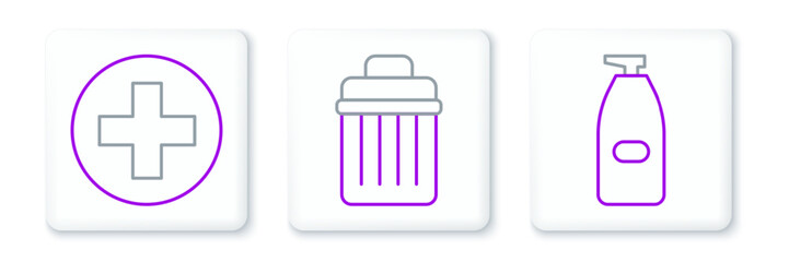Set line Bottle of liquid antibacterial soap, Cross hospital medical and Trash can icon. Vector