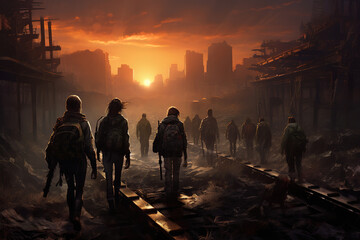Obraz na płótnie Canvas group of survivors navigating through a post-apocalyptic urban landscape, generative ai 