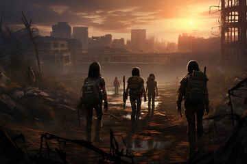 group of survivors navigating through a post-apocalyptic urban landscape, generative ai 