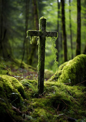 In a serene forest setting, a natural burial grave is marked by a wooden cross nestled among the moss. generative ai 