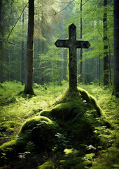 In a serene forest setting, a natural burial grave is marked by a wooden cross nestled among the moss. generative ai 