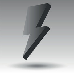 black and white lightning icon with a shadow on a gray background. Gradient. Vector lightning icon