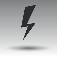 black and white lightning icon with a shadow on a gray background.  Vector lightning icon