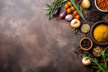 assortment of herbs, spices, and seasonings on a dark background in the style of light orange and maroon with the use of earth tones and polished concrete.