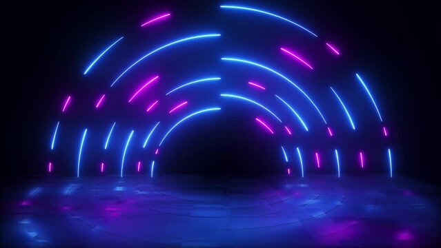 3d animation, abstract neon background with blue pink curve lines, futuristic technology concept, seamless loop