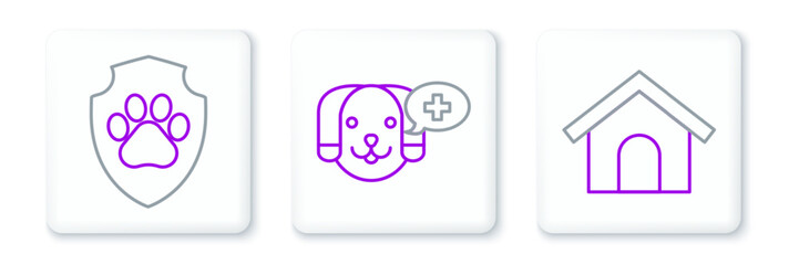Set line Dog house, Animal health insurance and Veterinary clinic symbol icon. Vector