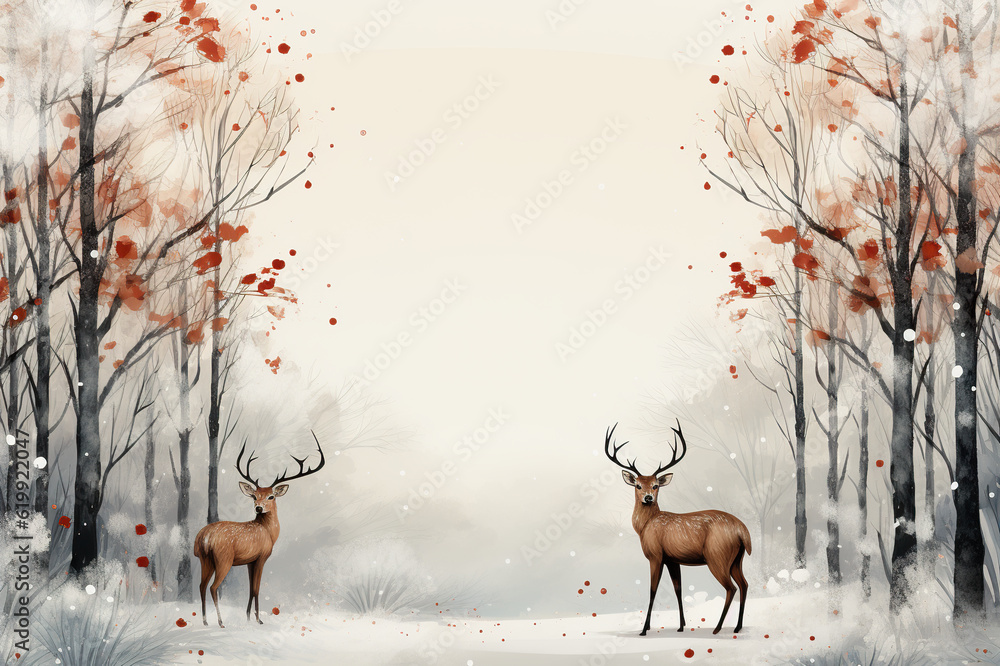 Poster a couple of deer standing next to each other in a forest. generative ai. winter greeting card design