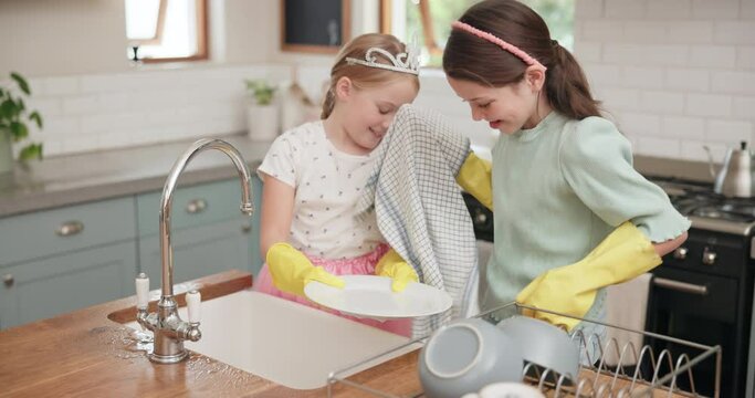 Children, learning and cleaning dishes in kitchen with sister, girl or helping to wash, dry and clean house with water. Kids, washing and cloth to wipe plates, cutlery or teaching housework to girls