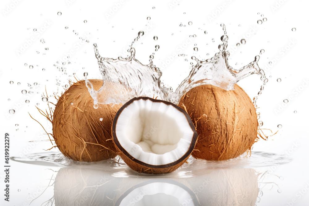 Poster Two coconuts with a splash of water on them. Generative AI. Isolated on white background.