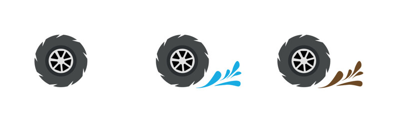 Car wheel with splashing water anf dirt in motion blur on white background .