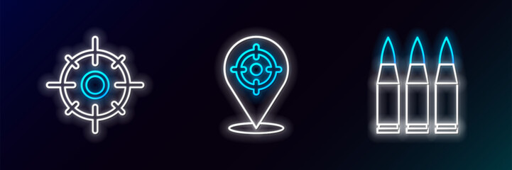 Set line Bullet, Target sport and icon. Glowing neon. Vector