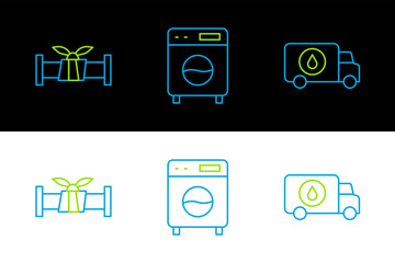 Set line Plumber service car, Industry metallic pipe and Washer icon. Vector