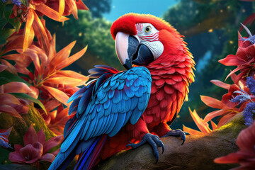 Fototapeta premium Tropical beauty of a macaw perched on a branch, its vibrant feathers capturing your attention. Generative Ai, Ai.