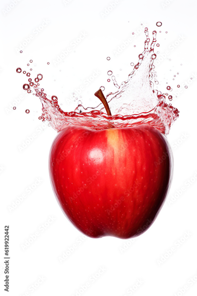 Poster a red apple with a splash of water on it. generative ai.