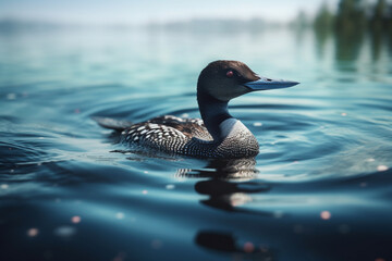 Duck loon bird animal swims on blue water in the river or lake. Common loon or great northern diver - Gavia immer. Generative AI