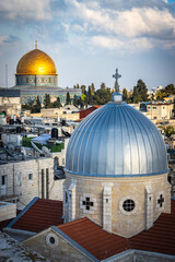 Obraz premium view from austrian hospice, dome of the rock, church of our lady of the spasm, armenian catholic, silver dome, israel, jerusalem, old city, middle east
