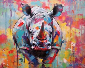 rhino  form and spirit through an abstract lens. dynamic and expressive rhino print by using bold brushstrokes, splatters, and drips of paint.  rhino raw power and untamed energy 