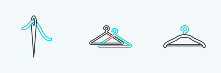 Set line Hanger wardrobe, Needle for sewing with thread and icon. Vector