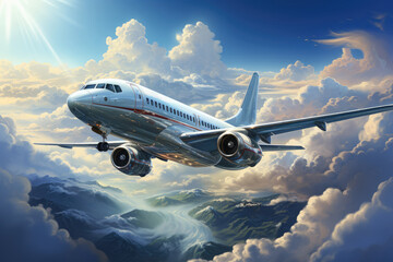 Fototapeta premium A cloud adorned with several airplanes gracefully flies through the sky, reminiscent of detailed fantasy art with a touch of nightcore style. Generative Ai.