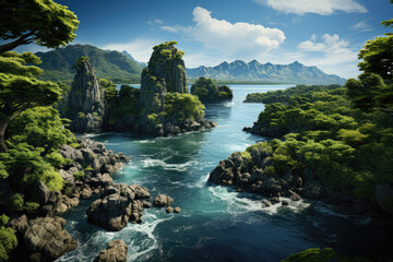 Set your imagination free as you encounter an island boasting diverse geographical features, floating gracefully in space and adorned with multiple small cities. Generative Ai.