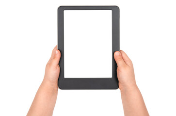 Child's hands holding e-book with blank display isolated on transparent background
