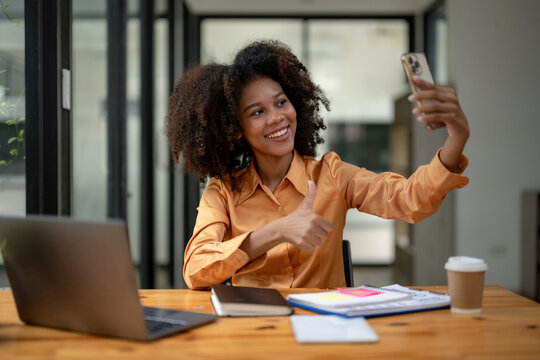 Black Woman Talking On Video Call Thumbs Up To Show Appreciation And Encouragement. Remote Work And Communication.