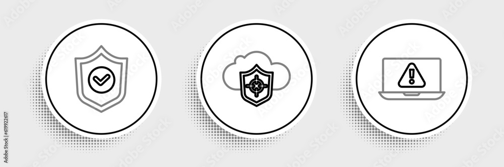 Poster set line laptop with exclamation mark, shield check and cloud and shield icon. vector