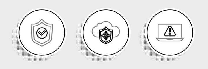 Set line Laptop with exclamation mark, Shield check and Cloud and shield icon. Vector