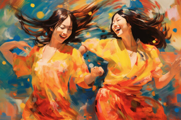 painting that shows two women dancing in colorful dresses. The background is done in bright colors, creating a festive and positive mood.