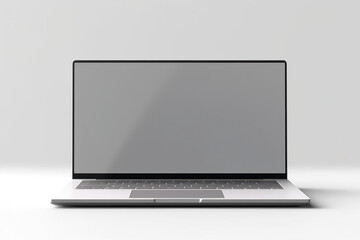 An open laptop computer sitting on top of a table. Generative AI. Mockup with space for your design or logo.