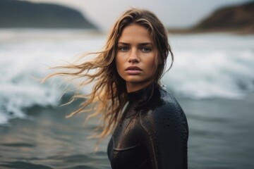medium shot portrait photography of a serious, girl in her 20s surfing in the sea. With generative AI technology - obrazy, fototapety, plakaty