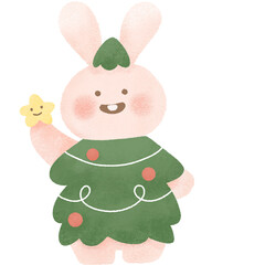 Obraz premium Christmas tree hold star Rabbit bunny cute kawaii smile happy cartoon costume christmas day