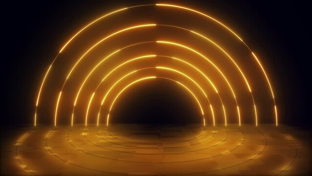 Golden neon light abstract 3d background. Seamless loop