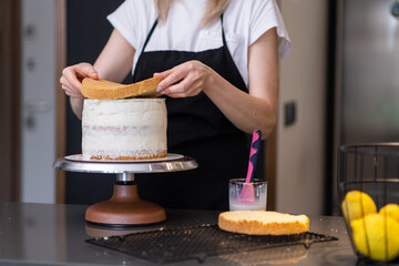 Professional confectioner in black apron connecting cake layers smeared with cream woman making custom homemade pastry from lactose free products standing in kitchen