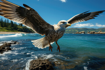 A close-up shot of a seagull in flight against a backdrop of a blue ocean, captured with a super wide lens. Generative Ai.