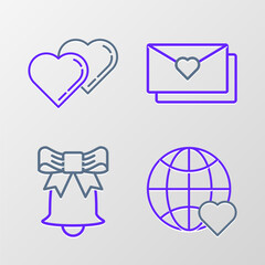 Set line The heart world love, Ringing bell, Envelope with Valentine and Two Linked Hearts icon. Vector