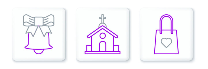 Set line Shopping bag with heart, Ringing bell and Church building icon. Vector