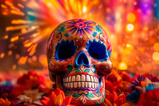 Day of the dead traditional skull on fireworks background,  Generative AI
