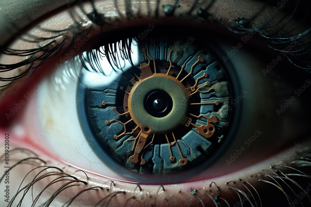 Poster a close up of a persons eye with a digital security camera in the center. generative ai.