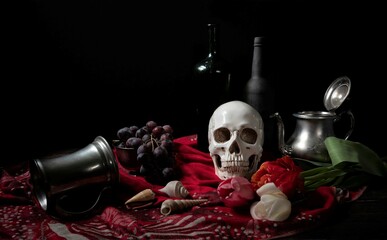skull, fruit and pewter vanitas
