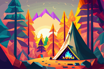 Campfire in the forest in the night. Vector illustration of fire in the nature. Traveling illustration. Holiday camp, cartoon style landscape. Mountain vacation. Bonfire in the wood for picnic.