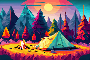 Fototapeta na wymiar Campfire in the forest in the night. Vector illustration of fire in the nature. Traveling illustration. Holiday camp, cartoon style landscape. Mountain vacation. Bonfire in the wood for picnic.