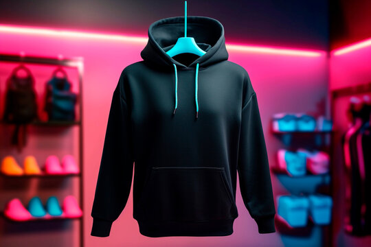  Mockup of black cotton sweatshirt on coat rack on neon light wall background, Generative AI